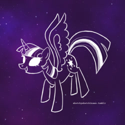 Size: 750x750 | Tagged: safe, artist:rlynn-art, twilight sparkle, alicorn, pony, g4, eyelashes, female, lineart, mare, solo, space, stars, twilight sparkle (alicorn), white eyes