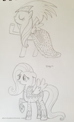 Size: 1159x1920 | Tagged: safe, artist:rlynn-art, fluttershy, pegasus, pony, g4, clothes, dress, duo, eyes closed, female, lineart, mare, raised hoof, traditional art, wings