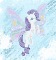 Size: 664x712 | Tagged: safe, artist:rlynn-art, rarity, pony, unicorn, g4, butterfly wings, female, flying, mare, solo, traditional art, wings