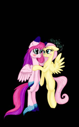 Size: 800x1280 | Tagged: safe, artist:77jessieponygames77, fluttershy, oc, pegasus, pony, g4, bipedal, black background, duo, eyelashes, female, mare, pegasus oc, simple background, wings