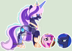 Size: 1024x735 | Tagged: safe, artist:stormcloud-yt, princess cadance, princess luna, oc, alicorn, pony, g4, base used, concave belly, deviantart watermark, female, grin, hoof shoes, magical lesbian spawn, mare, obtrusive watermark, offspring, parent:princess cadance, parent:princess luna, parents:lundance, peytral, slender, smiling, thin, watermark