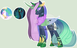 Size: 1024x640 | Tagged: safe, artist:stormcloud-yt, princess celestia, queen chrysalis, oc, alicorn, changeling, changeling queen, changepony, pony, g4, base used, deviantart watermark, eyelashes, female, magical lesbian spawn, mare, obtrusive watermark, offspring, parent:princess celestia, parent:queen chrysalis, parents:chryslestia, screencap reference, watermark