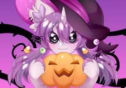 Size: 3136x2196 | Tagged: safe, artist:miioko, oc, oc only, pony, unicorn, bust, commission, ear fluff, female, halloween, hat, high res, holiday, horn, jack-o-lantern, mare, pumpkin, smiling, solo, unicorn oc, unshorn fetlocks, witch hat, ych result