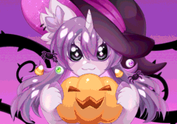 Size: 1000x700 | Tagged: safe, alternate version, artist:miioko, oc, oc only, pony, unicorn, animated, bust, commission, ear fluff, female, gif, halloween, hat, holiday, horn, jack-o-lantern, mare, pumpkin, smiling, solo, unicorn oc, unshorn fetlocks, witch hat, ych result