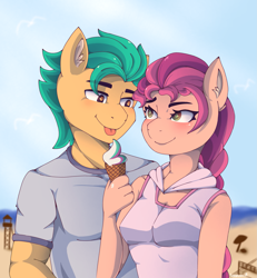 Size: 2343x2537 | Tagged: safe, artist:nanazdina, hitch trailblazer, sunny starscout, anthro, g5, :p, beach, blushing, duo, female, food, high res, ibispaint x, ice cream, male, ship:starblazer, shipping, straight, tongue out