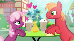 Size: 1280x720 | Tagged: safe, artist:mlplary6, big macintosh, cheerilee, earth pony, pony, g4, date, divorce, duo, duo male and female, female, flower, heart, looking at each other, looking at someone, male, mare, milkshake, ship:cheerimac, shipping, smiling, smiling at each other, stallion, straight, table