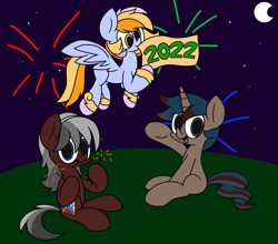 Size: 3029x2663 | Tagged: safe, artist:derpyalex2, oc, oc only, oc:snowblaze, earth pony, pegasus, pony, unicorn, 2022, banner, celebration, female, firecracker, fireworks, flying, grass, grass field, happy new year, high res, holiday, male, mare, moon, night, simple background, sky, stallion, stars