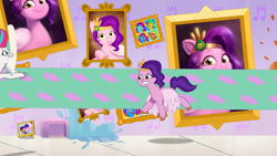 Size: 1920x1080 | Tagged: safe, screencap, pipp petals, zipp storm, pegasus, pony, a home to share, g5, my little pony: tell your tale, spoiler:g5, spoiler:my little pony: tell your tale, spoiler:tyts01e01, duo, female, flying, mare, mouth hold, picture, picture frame, wallpaper