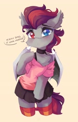 Size: 2624x4096 | Tagged: oc name needed, safe, artist:saxopi, oc, oc only, bat pony, semi-anthro, arm hooves, bat pony oc, bat wings, black skirt, blue eye, blushing, cheek fluff, chest fluff, choker, clothes, collar, colored pupils, crossdressing, cute, ear fluff, eyebrows, eyelashes, gray coat, heterochromia, high res, leggings, looking at you, male, ocbetes, partially open wings, red eye, red mane, red tail, shirt, shoulderless, simple background, skirt, solo, speech bubble, standing, tail, talking to viewer, wings