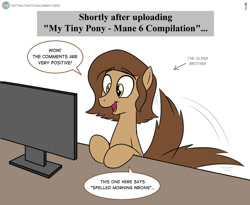 Size: 1258x1032 | Tagged: safe, artist:doublewbrothers, oc, oc only, pony, computer, implied my tiny pony, simple background, solo, speech bubble, tail, tail wag, white background