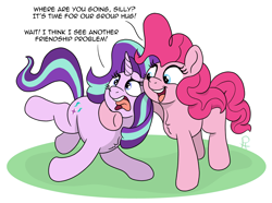 Size: 3340x2488 | Tagged: safe, artist:doodledonutart, pinkie pie, starlight glimmer, earth pony, pony, unicorn, g4, comic, duo, duo female, female, frown, hape, high res, hug, mare, open mouth, open smile, personal space invasion, side hug, smiling