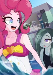 Size: 1191x1684 | Tagged: safe, artist:sc_kis_rko, limestone pie, marble pie, maud pie, pinkie pie, equestria girls, g4, bare shoulders, clothes, female, hair over one eye, heart, looking at each other, looking at someone, looking back, open mouth, open smile, pinkie pie swimsuit, sleeveless, smiling, summer