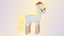 Size: 2922x1664 | Tagged: safe, artist:freestadiumtix, derpy hooves, earth pony, pony, g4, christmas, clothes, cute, gradient background, hat, high res, holiday, santa hat, socks, solo, striped socks, wingless