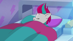 Size: 1920x1080 | Tagged: safe, screencap, zipp storm, pegasus, pony, g5, my little pony: tell your tale, nightmare roommate, spoiler:g5, spoiler:my little pony: tell your tale, spoiler:tyts01e04, adorazipop, bed, blanket, crystal brighthouse, eyes closed, female, indoors, mare, on bed, pillow, sleeping, smiling, solo, zipp storm's bedroom