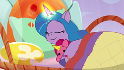 Size: 1920x1080 | Tagged: safe, screencap, izzy moonbow, pony, unicorn, g5, my little pony: tell your tale, nightmare roommate, spoiler:g5, spoiler:my little pony: tell your tale, spoiler:tyts01e04, bed, female, glowing, glowing horn, horn, mare, plushie, sleeping, solo