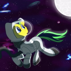 Size: 2048x2048 | Tagged: safe, artist:cadetredshirt, oc, oc only, pony, commission, high res, looking back, moon, solo, space, spacesuit, stars