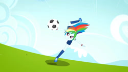 Size: 3410x1920 | Tagged: safe, screencap, rainbow dash, equestria girls, g4, my little pony equestria girls: summertime shorts, steps of pep, clothes, female, football, high res, shoes, smiling, solo, sports
