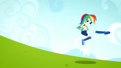 Size: 3410x1920 | Tagged: safe, screencap, rainbow dash, equestria girls, g4, my little pony equestria girls: summertime shorts, steps of pep, clothes, female, high res, shoes, smiling, solo