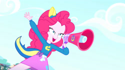 Size: 3410x1920 | Tagged: safe, screencap, pinkie pie, equestria girls, g4, my little pony equestria girls: summertime shorts, steps of pep, clothes, collar, cutie mark on clothes, female, high res, megaphone, open mouth, open smile, shirt, skirt, smiling, solo, spread arms, teenager, wondercolts uniform