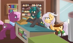 Size: 3683x2160 | Tagged: safe, artist:cadetredshirt, jasmine leaf, oc, oc:silver veil, oc:whirlytail, bat pony, earth pony, pony, unicorn, g4, cash register, clothes, commission, cup, excited, food, high res, shop, shopkeeper, shopping, socks, striped socks, tea, teacup