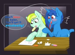 Size: 1200x887 | Tagged: safe, artist:cadetredshirt, oc, crystal pony, pony, unicorn, desk, digital art, drawing, laughing, sitting, text, two toned mane, worried