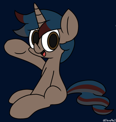 Size: 2131x2234 | Tagged: safe, artist:derpyalex2, oc, oc only, oc:musket, pony, unicorn, blue background, full body, high res, hooves, horn, looking at you, multicolored mane, multicolored tail, open mouth, open smile, raised hoof, signature, simple background, sitting, smiling, smiling at you, solo, tail, unicorn oc