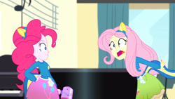 Size: 3410x1920 | Tagged: safe, screencap, fluttershy, pinkie pie, equestria girls, g4, my little pony equestria girls: summertime shorts, steps of pep, clothes, collar, cutie mark on clothes, duo, duo female, female, hand on hip, high res, megaphone, open mouth, shirt, skirt, smiling, teenager, wondercolts uniform
