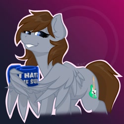 Size: 1500x1500 | Tagged: safe, artist:cadetredshirt, oc, pegasus, pony, brown hair, coffee, coffee mug, commission, digital art, gradient background, gray coat, looking at you, mug, shading, simple background, smug, solo, wing hands, wings