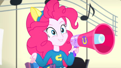 Size: 3410x1920 | Tagged: safe, screencap, pinkie pie, equestria girls, g4, my little pony equestria girls: summertime shorts, steps of pep, clothes, collar, cute, diapinkes, female, high res, megaphone, shirt, shrug, skirt, smiling, solo, teenager, wondercolts uniform
