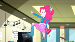 Size: 3410x1920 | Tagged: safe, screencap, pinkie pie, equestria girls, g4, my little pony equestria girls: summertime shorts, steps of pep, boots, clothes, collar, cutie mark on clothes, female, hand on hip, high res, megaphone, pointing, pose, shirt, shoes, skirt, smiling, solo, wondercolts uniform