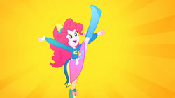 Size: 3410x1920 | Tagged: safe, screencap, pinkie pie, equestria girls, g4, my little pony equestria girls: summertime shorts, steps of pep, boots, cheering, clothes, collar, cutie mark on clothes, female, happy, high res, kicking, open mouth, open smile, raised leg, shirt, shoes, skirt, smiling, solo, spread arms, teenager, wondercolts uniform