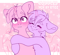 Size: 2400x2200 | Tagged: safe, artist:etoz, oc, oc only, pony, advertisement, any gender, any race, any species, auction, auction open, big smile, blushing, closed mouth, commission, cuddling, cute, duo, eyebrows, eyebrows down, eyebrows visible through hair, eyes closed, generic pony, happy, heart, high res, horn, hug, open mouth, raised eyebrow, smiling, surprised, wings, ych example, your character here