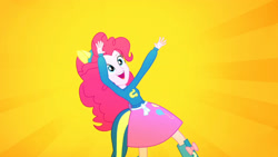 Size: 3410x1920 | Tagged: safe, screencap, pinkie pie, equestria girls, g4, my little pony equestria girls: summertime shorts, steps of pep, boots, cheering, clothes, collar, cutie mark on clothes, female, happy, high res, open mouth, open smile, shirt, shoes, skirt, smiling, solo, teenager, waving arms, wondercolts uniform