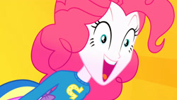 Size: 3410x1920 | Tagged: safe, screencap, pinkie pie, equestria girls, g4, my little pony equestria girls: summertime shorts, steps of pep, cheering, clothes, collar, female, high res, leaning, open mouth, open smile, shirt, skirt, smiling, solo, teenager, wondercolts uniform