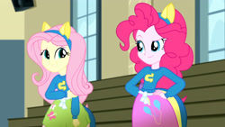 Size: 3410x1920 | Tagged: safe, screencap, fluttershy, pinkie pie, equestria girls, g4, my little pony equestria girls: summertime shorts, steps of pep, clothes, collar, cutie mark on clothes, duo, duo female, female, hand on hip, high res, looking at each other, looking at someone, shirt, skirt, smiling, smiling at each other, teenager, wondercolts uniform