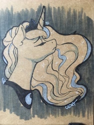 Size: 3024x4032 | Tagged: safe, artist:cadetredshirt, princess luna, alicorn, pony, g4, bust, crown, ethereal mane, jewelry, marker drawing, monochrome, portrait, regalia, sad, solo, starry mane, traditional art