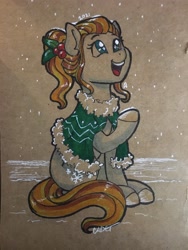 Size: 1536x2048 | Tagged: safe, artist:cadetredshirt, oc, oc only, oc:merry weather, earth pony, pony, christmas, cloak, clothes, holiday, holly, hooves, marker drawing, night, ponytail, raised hoof, smiling, snow, snowfall, solo, tail, traditional art, two toned mane, two toned tail