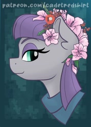 Size: 661x924 | Tagged: safe, artist:cadetredshirt, maud pie, earth pony, pony, g4, bust, clothes, floral head wreath, flower, flower in hair, gradient background, looking at you, obtrusive text, obtrusive watermark, portrait, smiling, solo, watermark