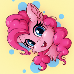 Size: 1600x1600 | Tagged: safe, artist:zeepheru_pone, pinkie pie, earth pony, pony, g4, abstract background, bust, cheek fluff, chest fluff, cute, diapinkes, ear fluff, female, fluffy, happy, looking at you, mare, open mouth, open smile, portrait, simple background, smiling, smiling at you, solo, yellow background