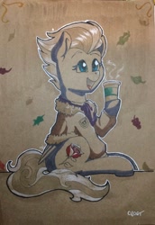 Size: 1408x2048 | Tagged: safe, artist:cadetredshirt, oc, oc only, pegasus, pony, autumn, clothes, coat, coffee, fur coat, look-alike, marker drawing, not night glider, smiling, solo, traditional art, wings