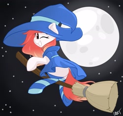 Size: 2859x2696 | Tagged: safe, artist:cadetredshirt, oc, oc only, pony, broom, butt, clothes, commission, cute, flying, flying broomstick, hat, high res, looking at you, looking back, moon, night, one eye closed, plot, socks, solo, stars, wink, witch, witch costume, witch hat, ych result