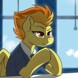 Size: 1984x1981 | Tagged: safe, artist:cadetredshirt, spitfire, pegasus, pony, g4, clothes, hooves, hooves up, necktie, office, redraw, shading, solo, spitfire's office, two toned mane, uniform, wonderbolts dress uniform