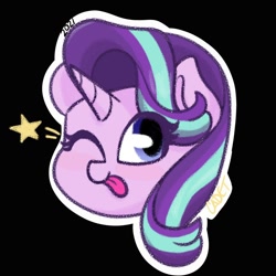 Size: 1000x1000 | Tagged: safe, artist:cadetredshirt, starlight glimmer, pony, unicorn, g4, ;p, black background, bust, chibi, commission, cute, eye clipping through hair, female, glimmerbetes, looking at you, mare, one eye closed, signature, simple background, smiling, smiling at you, solo, stars, tongue out, wink, winking at you