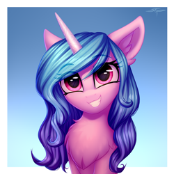 Size: 3000x3000 | Tagged: safe, artist:setharu, izzy moonbow, pony, unicorn, g5, my little pony: a new generation, abstract background, bust, chest fluff, cute, female, high res, mare, portrait, simple background