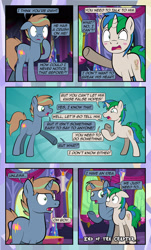 Size: 1920x3169 | Tagged: safe, artist:alexdti, oc, oc only, oc:brainstorm (alexdti), oc:star logic, pony, unicorn, comic:quest for friendship, blushing, comic, dialogue, duo, duo male, ears back, eye contact, eyelid pull, high res, hooves, horn, looking at each other, looking at someone, male, open mouth, raised hoof, rearing, shrunken pupils, speech bubble, stallion, standing, tail, twilight's castle, two toned mane, two toned tail, underhoof, unicorn oc