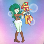 Size: 3000x3000 | Tagged: safe, alternate version, artist:theratedrshimmer, sunset shimmer, wallflower blush, human, pony, unicorn, equestria girls, g4, adorasexy, anime style, bag, cute, female, flowerbetes, freckles, high res, holding a pony, looking at each other, looking at someone, mouth hold, open mouth, retro, sexy, shimmerbetes, sunset sushi, underhoof