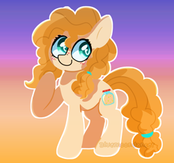 Size: 1740x1639 | Tagged: safe, artist:bluemoon, pear butter, earth pony, pony, g4, cute, female, full body, gradient background, hooves, lineless, mare, outline, raised hoof, smiling, solo, standing, tail, watermark, white outline