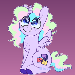 Size: 1640x1639 | Tagged: safe, artist:bluemoon, oc, oc only, oc:pebbles, alicorn, pony, alicorn oc, chest freckles, colored hooves, cute, feathered wings, female, filly, foal, freckles, horn, multicolored mane, multicolored tail, sitting, solo, spread wings, tail, wings