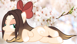 Size: 1280x733 | Tagged: safe, artist:cindystarlight, oc, oc:cindy, pegasus, pony, bow, cherry blossoms, female, flower, flower blossom, hair bow, lying down, mare, prone, solo