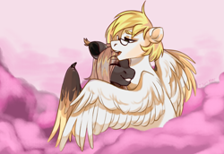 Size: 6335x4355 | Tagged: safe, artist:ijustmari, oc, oc only, oc:dinen, oc:ludwig von leeb, pegasus, pony, absurd file size, absurd resolution, blonde hair, cloud, cute, dancing, duo, duo male, flying, gay, glasses, green eyes, hug, love, male, oc x oc, open mouth, purple background, shipping, simple background, spread wings, stallion, wings